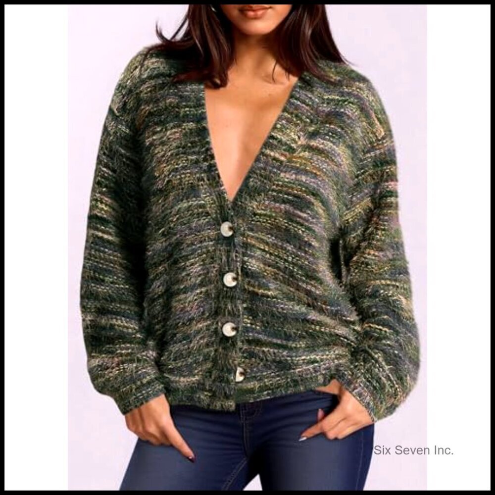 Striped V-Neck Cardigan Fuzzy Knit Oversized Chic Fall Winter Outerwear - Picture 2 of 7